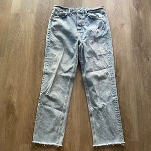 grlfrnd helena blue super high rise straight leg button fly 100% cotton jeans 28